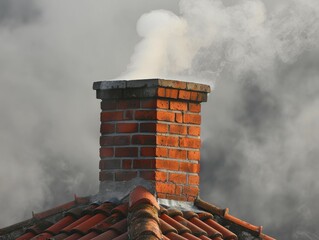 Brick Chimney with Smoke and Cloudy Sky.