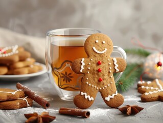 A white cup of tea sits on a blue background with a plate of gingerbread men. Free copy space for banner.