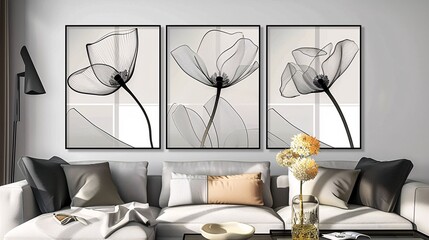 Fototapete - A set of three modern art posters showcasing a continuous line drawing of a flower on a white background, perfect for a sleek and contemporary decor