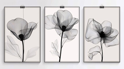 Fototapete - Three minimalist art posters featuring a continuous line art flower, each panel contributing to the overall elegant composition on a white background