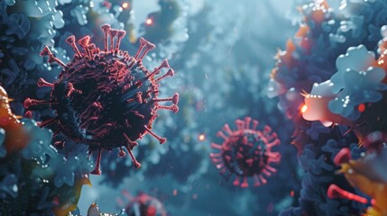 Fototapete - A close-up, microscopic view of several Coronavirus particles. The viruses appear red and spiky against a blue background.