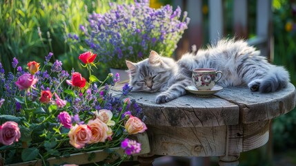 Wall Mural - Draw a picture of a flower garden including colorful roses, lavender of all kinds, a rustic table with a cup of coffee and a beautiful round white and gray cat lying next to the coffee cup, the image 