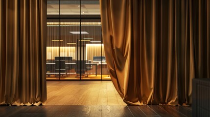 The photo shows a dark gold theater curtain that is slightly ajar and behind the curtain you can see a modern banking office with glass offices, key visual 