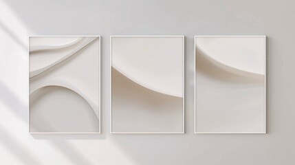 Fototapete - A trio of minimalistic abstract posters with a continuous image, seamlessly connected on a pristine white background for a cohesive decor
