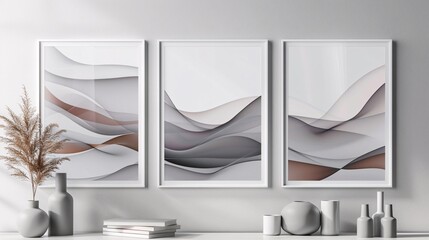 Fototapete - A set of three modern abstract posters with a continuous, flowing minimalistic design on a white background, creating a harmonious wall art set