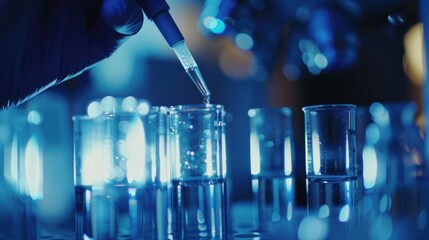 Scientific research with test tubes and pipette in laboratory setting. Blue lighting enhances focus on experiment and chemical analysis.