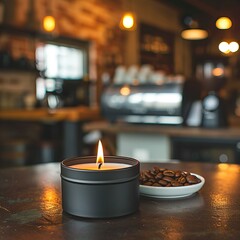 Wall Mural - Cozy coffee shop ambiance with a burning scented candle and a bowl of coffee beans, perfect for a warm and inviting atmosphere.