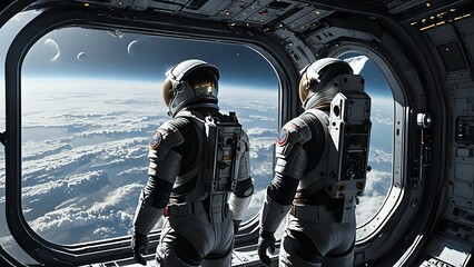 Two astronauts in spacesuits looking out the window of a spaceship at the Earth's clouds and a crescent moon.