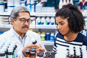 Canvas Print - Girl, advice and pharmacist for prescription, medicine or supplements for health, wellness and care. Medic, woman and search for help, chemist and essential oil for vitamins, remedy and symptoms