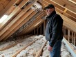 © INT888 - Construction Worker Inspecting Insulation in Attic of New Home.