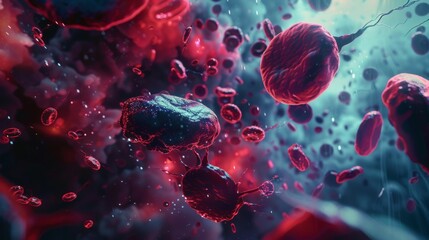 Aufkleber - Red blood cells and a white blood cell float in a dense, swirling fluid.