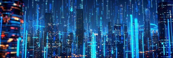 Wall Mural - Smart city at night with lots of blue lights. Generative ai
