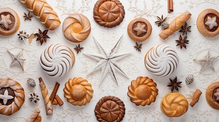 Wall Mural - Realistic photography, top view of a clean surface which has traditional bakery items on it