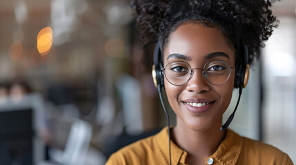 Wall Mural - Headshot of Friendly African American Mixed-Race Woman in Headset: Showing a friendly African American mixed-race woman wearing a headset, smiling at the camera while working in the customer