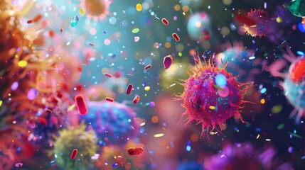 Aufkleber - A microscopic world of colorful, vibrant microorganisms is depicted in a digital illustration. The intricate structures of bacteria, viruses, and cells are showcased in a playful and abstract manner.