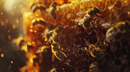 Sticker - a close up visual of a bee hive with bees producing honey, national geographic style, sony a7 macro lens 