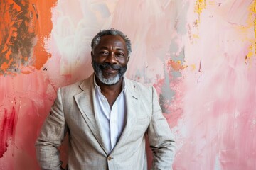 Wall Mural - Portrait of a satisfied afro-american man in his 50s dressed in a stylish blazer in front of pastel or soft colors background