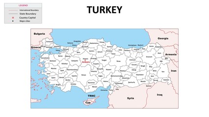 Poster - Turkey Map. State map of Turkey. Administrative map of Turkey with State and capital in white colour. Turkey map with neighbouring countries' names.