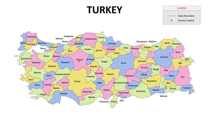 turkey map. state map of turkey. state map of turkey in colour with capital. turkey map with neighbo