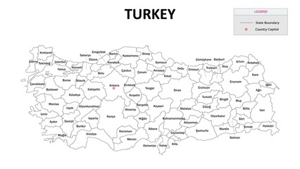 Canvas Print - Turkey Map. State and State map of Turkey. Administrative map of Turkey with States and boundaries in white color. Turkey map with neighbouring countries' names.