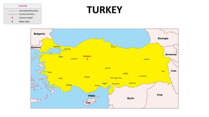 turkey map. major cities in turkey. political map of turkey with border and neighbouring countries. 