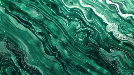 Poster - Shimmery Green Abstract Background with Acrylic Paints and Glitter in Liquid Ripple and Wave Effects on Green Shiny Surface