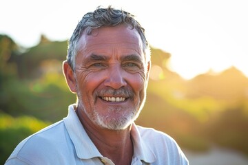 Wall Mural - Portrait of a grinning man in his 50s wearing a breathable golf polo while standing against pastel or soft colors background