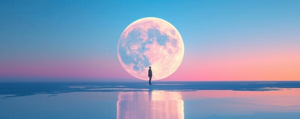 silhouette of a person standing on a beach with a giant pink moon in the sky.