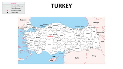 Poster - Turkey Map. State map of Turkey. Administrative map of Turkey with State and capital in white color.