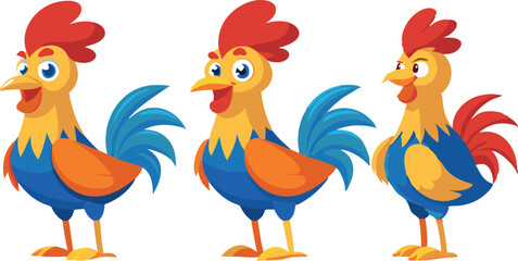 Three cartoon chickens are standing in a row, each with a different color