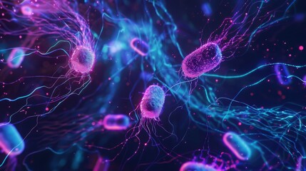 Fototapete - A digital illustration depicting bacteria in a vibrant blue and purple light, showcasing their intricate structures and flowing tendrils.