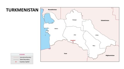 Canvas Print - Turkmenistan Map. State map of Turkmenistan. Administrative map of Turkmenistan with State and capital in white color.