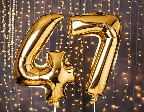 Number 47 celebration golden balloons, with light ornaments. Vector Illustration with copy space