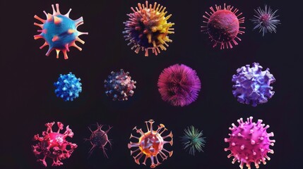 Poster - An illustration of various colorful viruses, some with spikes and others with a more rounded shape, all against a black background.