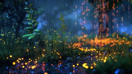 Aufkleber - A forest floor illuminated by fireflies and rain during a nighttime storm.