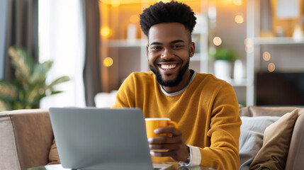 Happy African American Freelancer Using Laptop at Home: Showing a joyful African American freelancer holding a cup while working on a laptop from home.