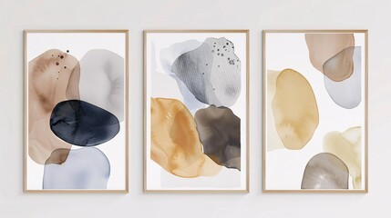 Fototapete - A set of three abstract art posters with watercolor designs, positioned side by side on a white wall. Each poster features abstract forms created by watercolor washes in neutral and bold colors,