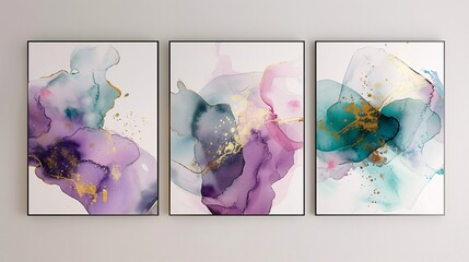 Poster - A trio of modern abstract art posters with watercolor art, mounted on a white wall. Each poster features a blend of vibrant and soft watercolor splashes in hues of purple, teal, and gold, creating an