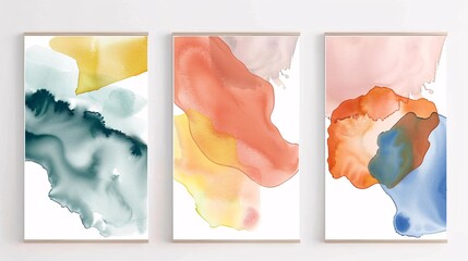Fototapete - A set of three modern minimalistic abstract art posters with watercolor designs, displayed side by side on a white wall. Each poster includes bold and subtle watercolor shapes in vibrant and muted