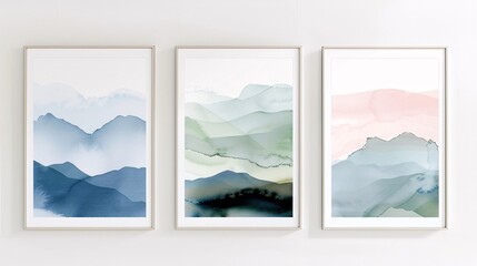 Poster - Three minimalistic abstract art posters with watercolor designs, arranged horizontally on a white wall. The posters highlight gentle washes of blue, green, and pink, blending seamlessly to form a
