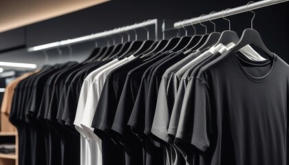 Closeup of Black t-shirts is displayed on a hanger in modern retail, clothing stores, shop. T-shirt mockup template with copy space for logo and text generative ai