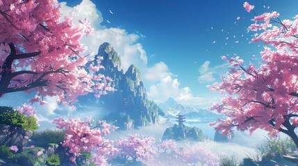 Wall Mural - trees and cherry blossoms against a blue sky background. Generative ai