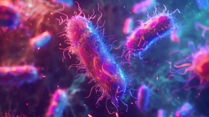Poster - A microscopic view of colorful bacteria. The bacteria are in focus and have a fuzzy, textured appearance. The background is blurred and dark blue, with glowing particles.