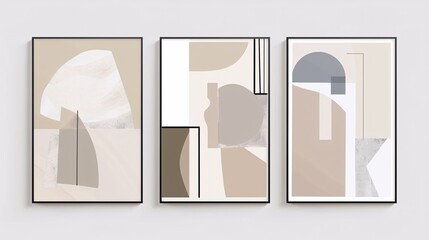 Fototapete - A set of three modern abstract art posters with minimalistic designs, displayed side by side against a clean white wall. Each poster features simple geometric shapes and a muted color palette of