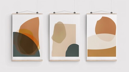 Fototapete - A trio of minimalistic abstract art posters, aligned horizontally on a white wall. Each poster showcases simple, abstract shapes in muted earthy tones, blending art and simplicity seamlessly