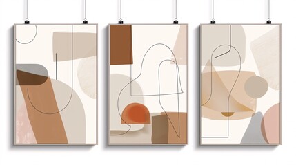 Fototapete - A set of three abstract art posters with minimalistic designs, positioned side by side on a white wall. Each poster features abstract forms in neutral colors, with a focus on negative space and clean