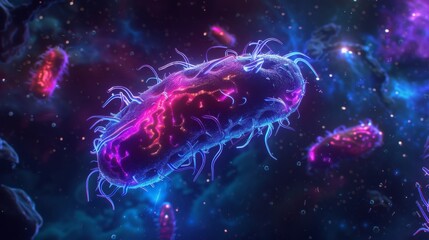 Aufkleber - A digital illustration depicting bacteria with glowing blue and pink colors, resembling a cosmic or space-like setting.