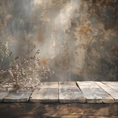 Wall Mural - Vintage wooden table with dry flowers in warm, soft light creating a peaceful and nostalgic atmosphere, perfect for a rustic background.