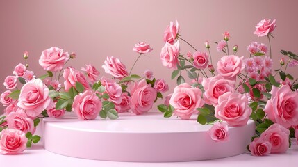 Wall Mural - Elegant pink roses in full bloom with lush green leaves arranged around a white pedestal, perfect for romantic and floral-themed projects.