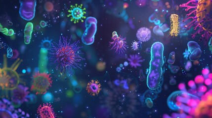 Aufkleber - A digital illustration depicts various colorful microorganisms floating in a dark background. The microorganisms are rendered with intricate details and glowing colors.